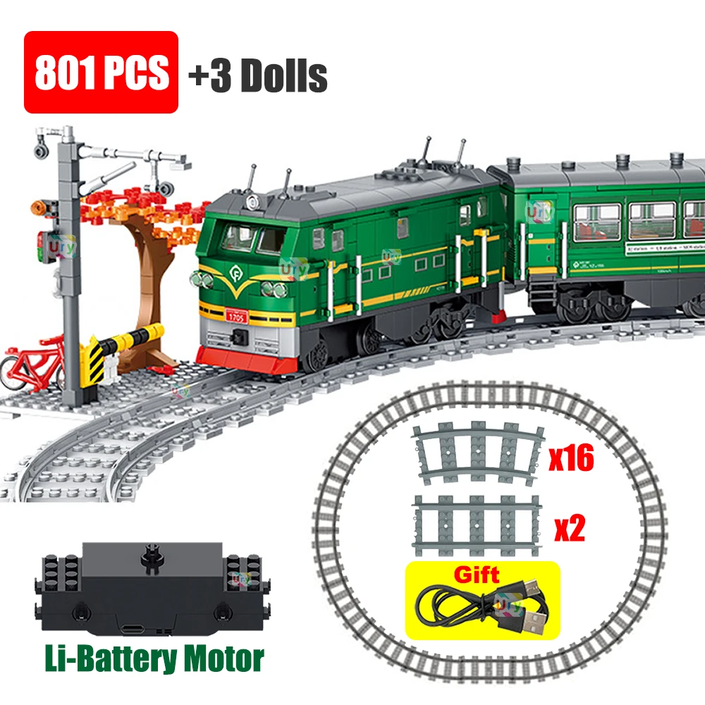 Kids Toys Lego - Техническая ретро-модель зеленого паровоза-поезда с электродвигателем,